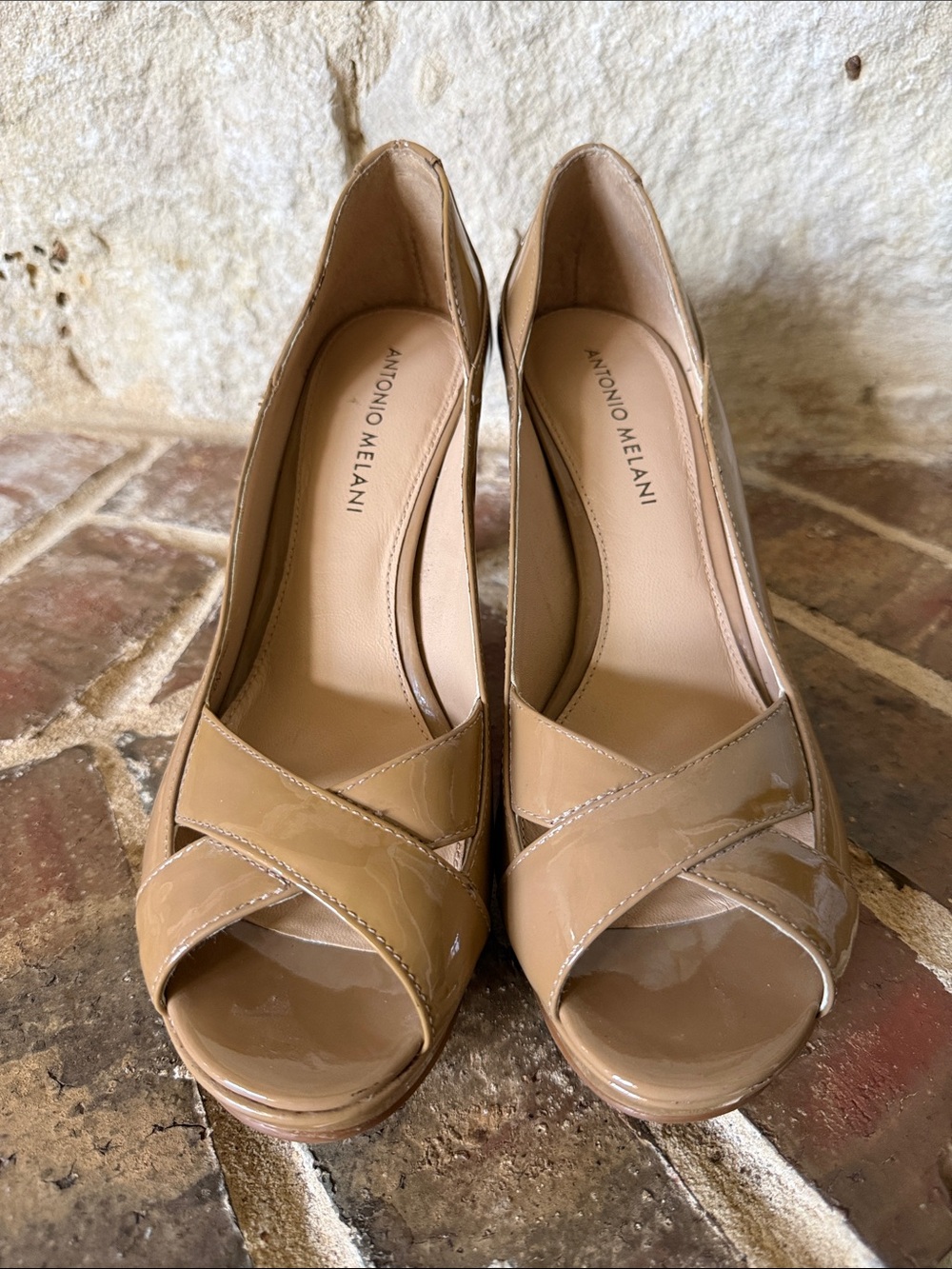 ANTONIO MELANI Nude Patent Peep-Toe Platform Heels